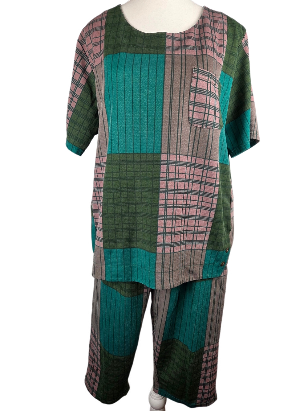 Vintage Retro Patchwork Plaid Co-ord Set | Green & Pink Boho Two-Piece Lounge